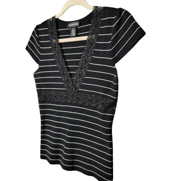 Bebe Y2K 2000s Black Striped Ribbed Lace Trim Silk Blend V-Neck Baby Top Medium - Picture 2 of 9